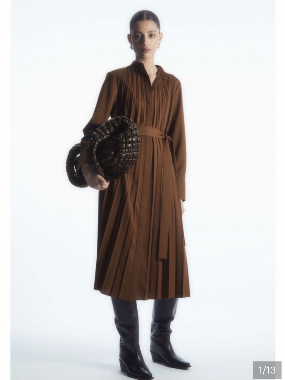 COS Brown Pleated Midi Dress with Self-Tie Belt